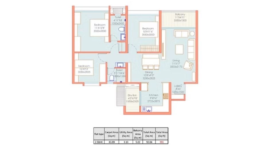 Pristine-O2-World-Floor-Plan-3 BHK-991 Sqft